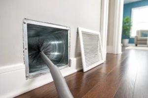 Air duct cleaning service with clean duct opening and brush