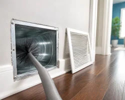 Air duct cleaning service with clean duct opening and brush